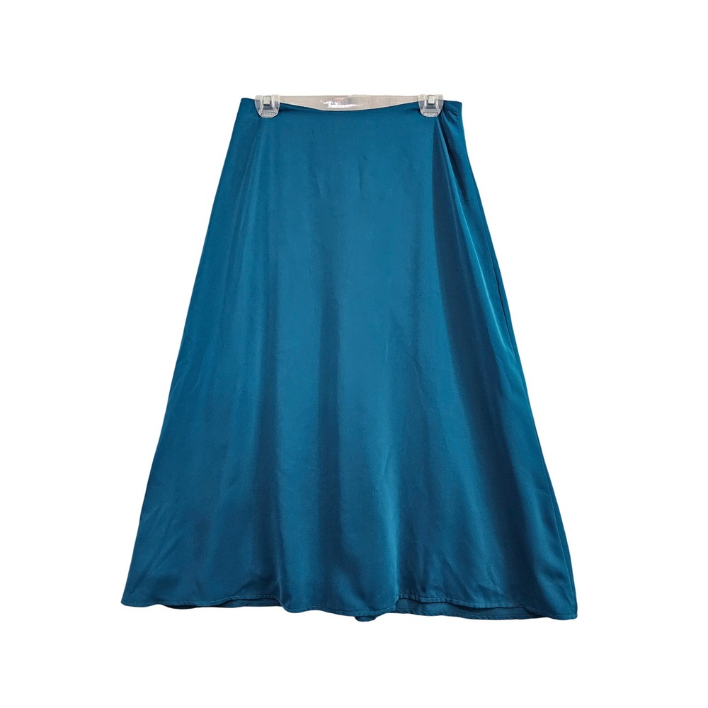 Yaly Couture A-Line Midi Skirt Womens Teal Blue Silky Satin Lined Back Zip Skirt